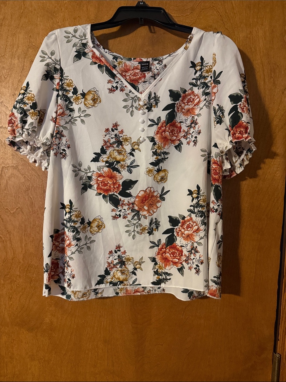 SHEIN White Floral V-Neck Blouse with Peach & Yellow Blooms